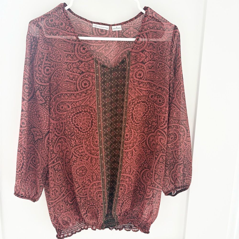 Liz Claiborne Paisley Boho Peasant Blouse Sheer 3/4 Sleeve Red Brown Size S